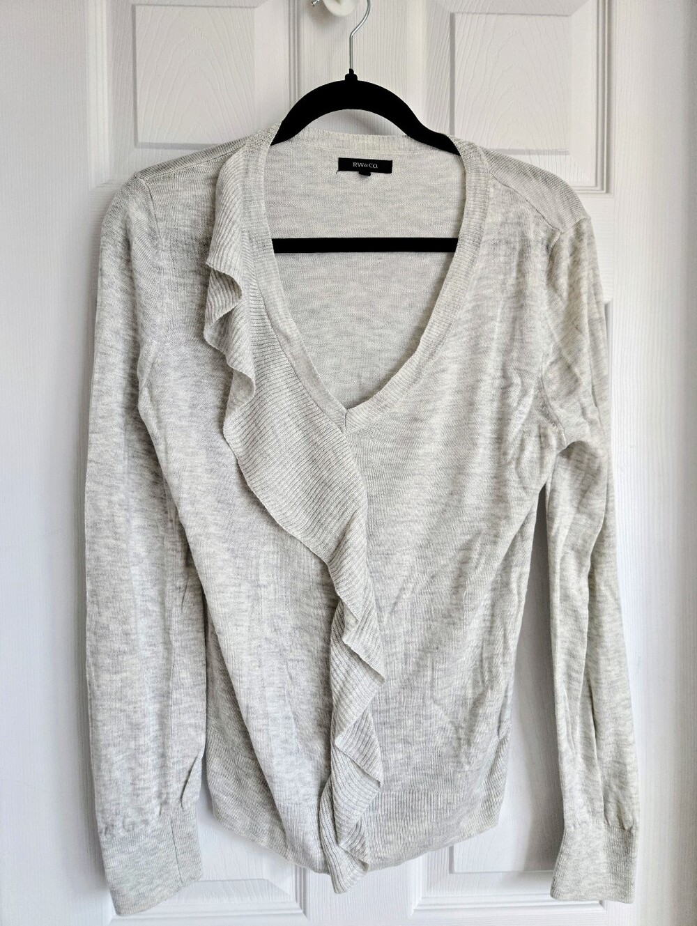 RW&CO Light Grey V-neck Ruffle Sweater  In Size Small